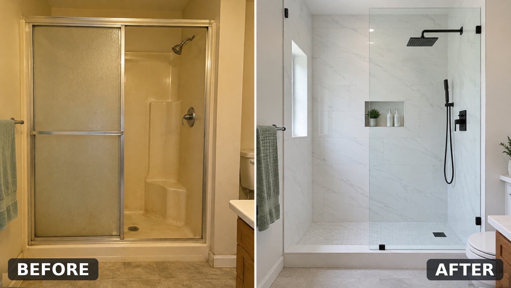 Side by side photo showing an old dated shower before remodeling and a brand new tiled walk-in shower after remodeling