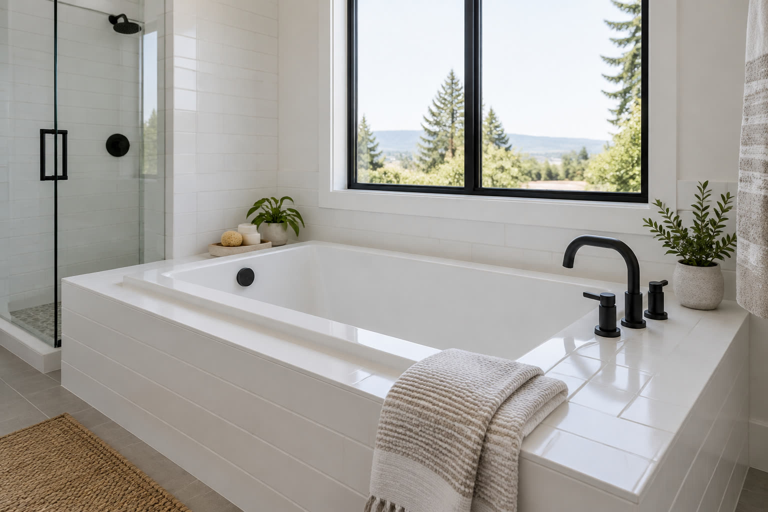 New glossy white bathtub with modern matte black filler in a tiled bathroom