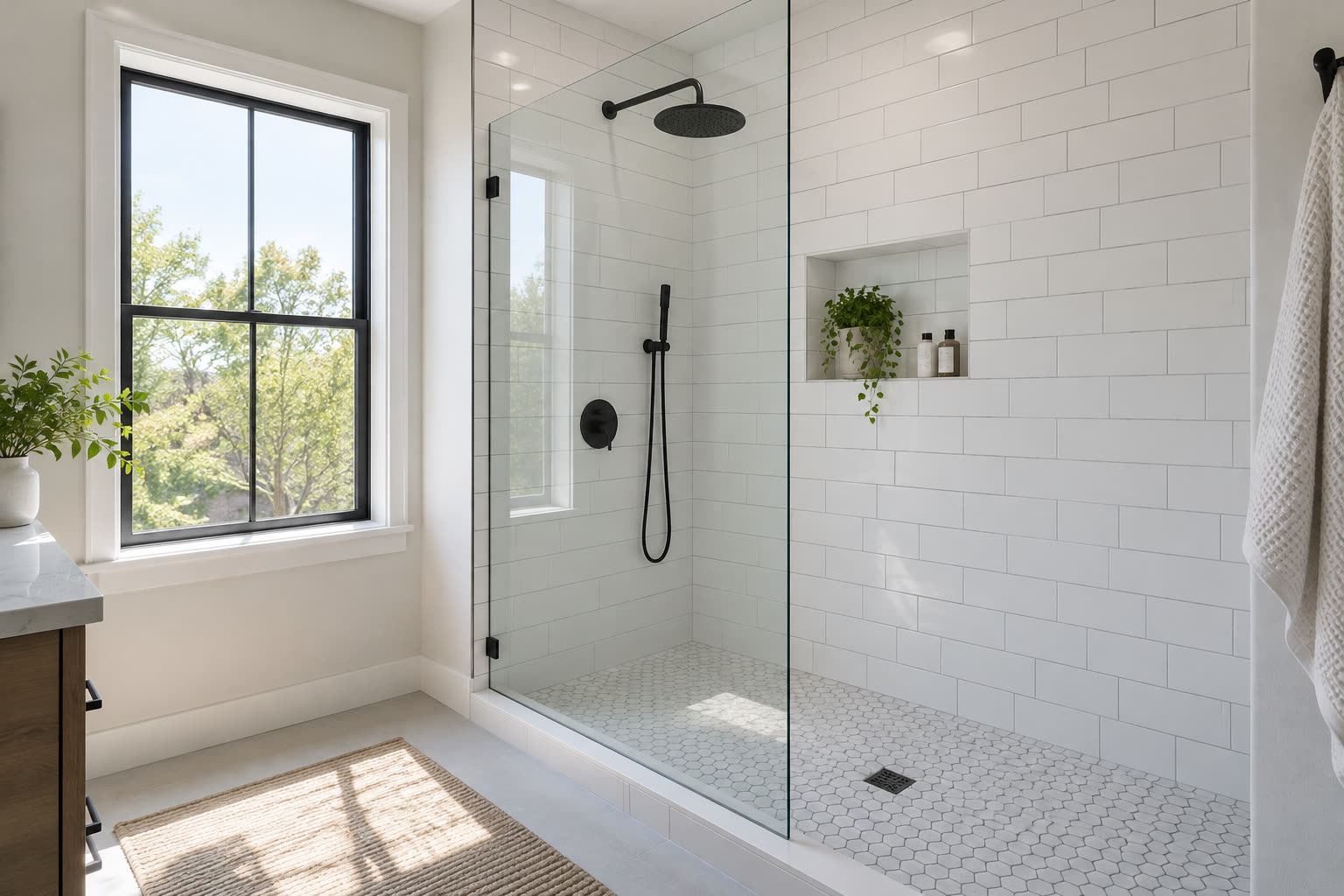 New walk-in shower with white subway tile, frameless glass, and matte black fixtures