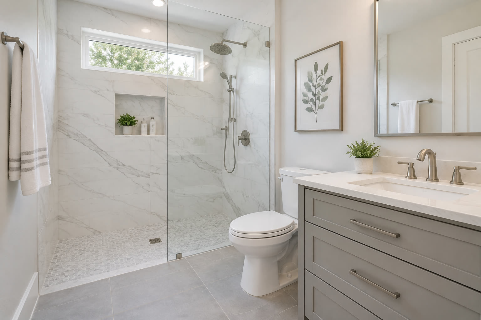 Curbless walk-in shower with marble-look tile where a bathtub used to be