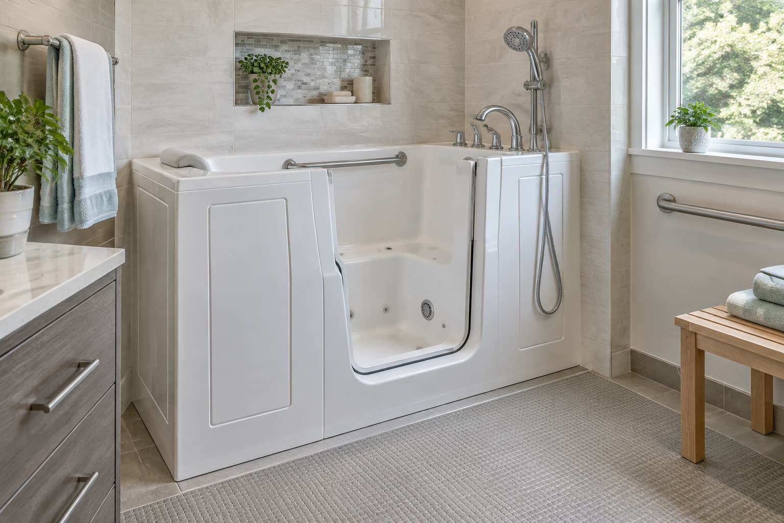 White walk-in bathtub with a side door and chrome grab bar